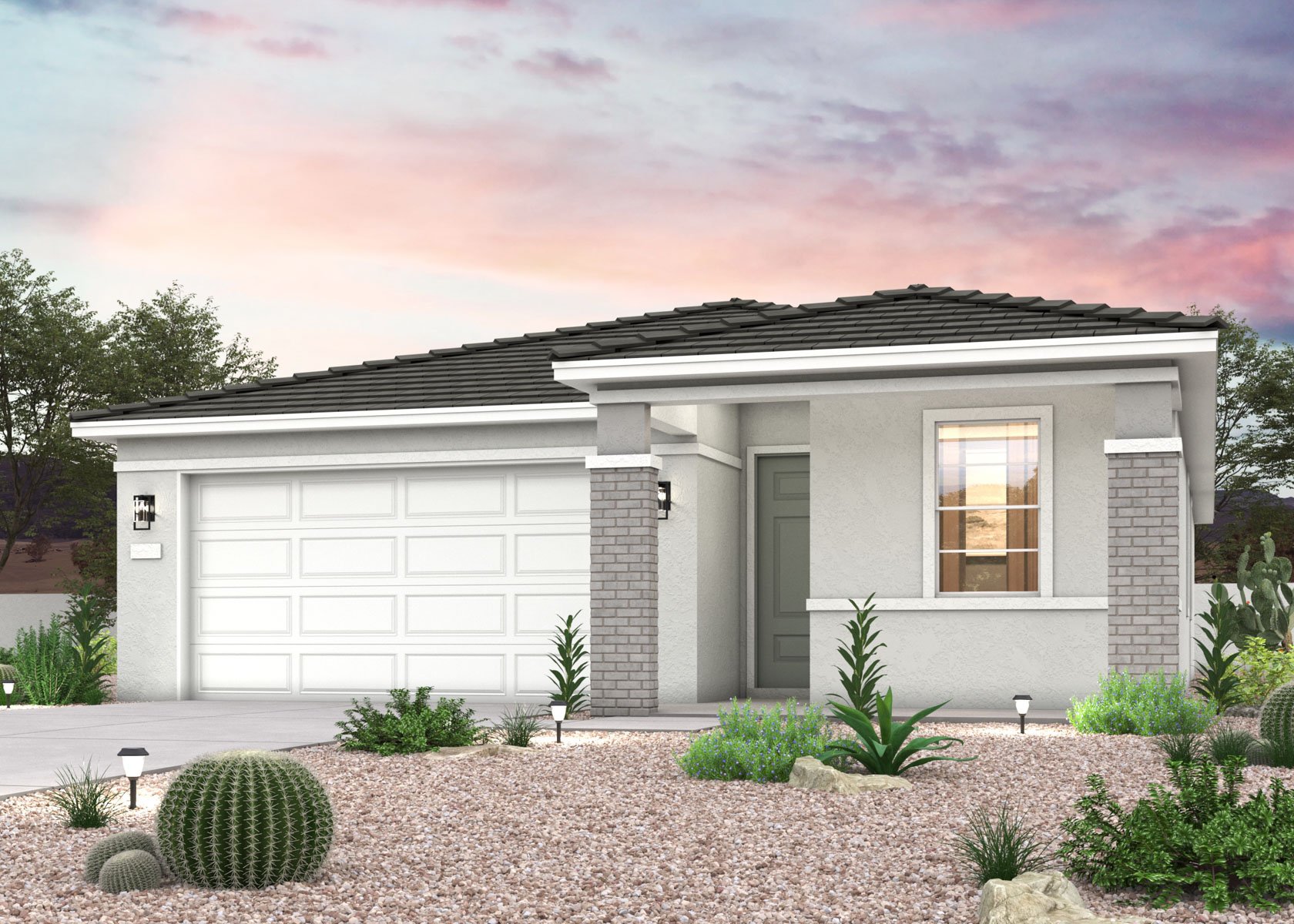 Twilight rendering of a new home for sale in Buckeye, AZ with 2 car garage at Montana Vista by Century Communities.