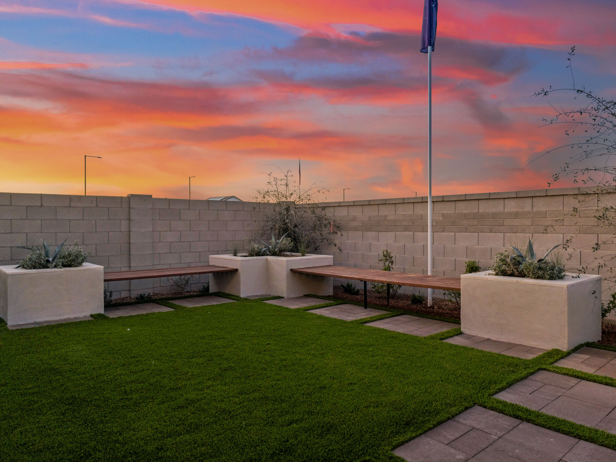 A wall with a flag and a tree in the front.