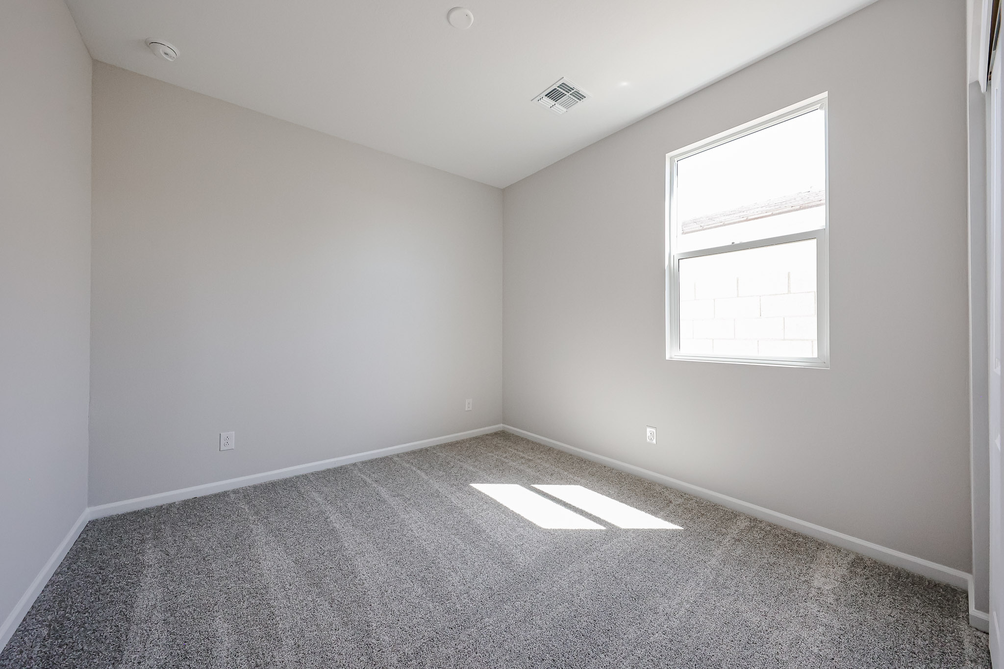 A room with a window and a rug.