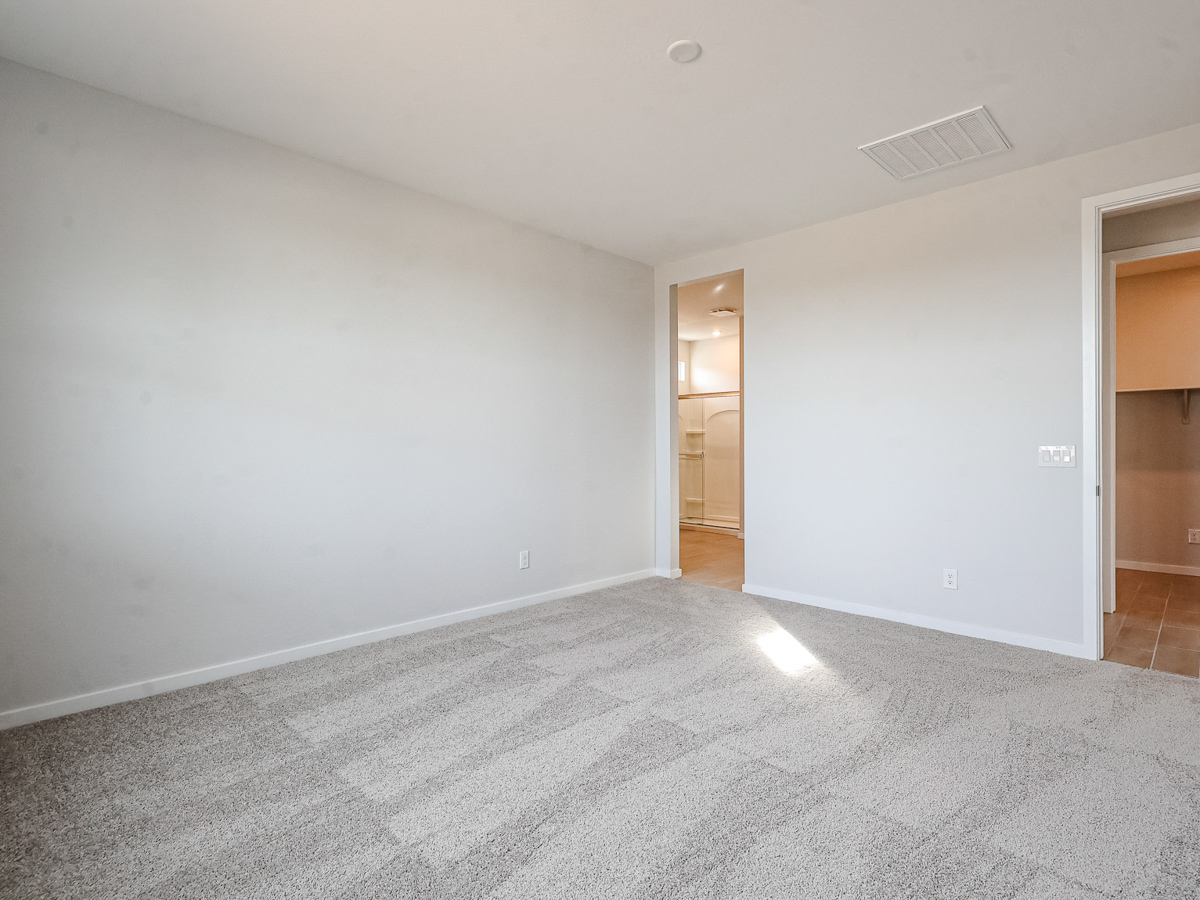 A room with a carpet and a door.