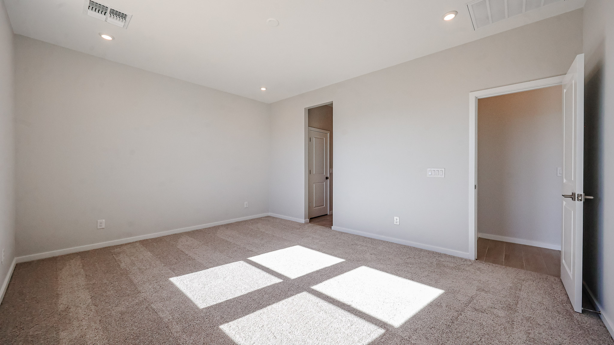 A room with a rug and doors.