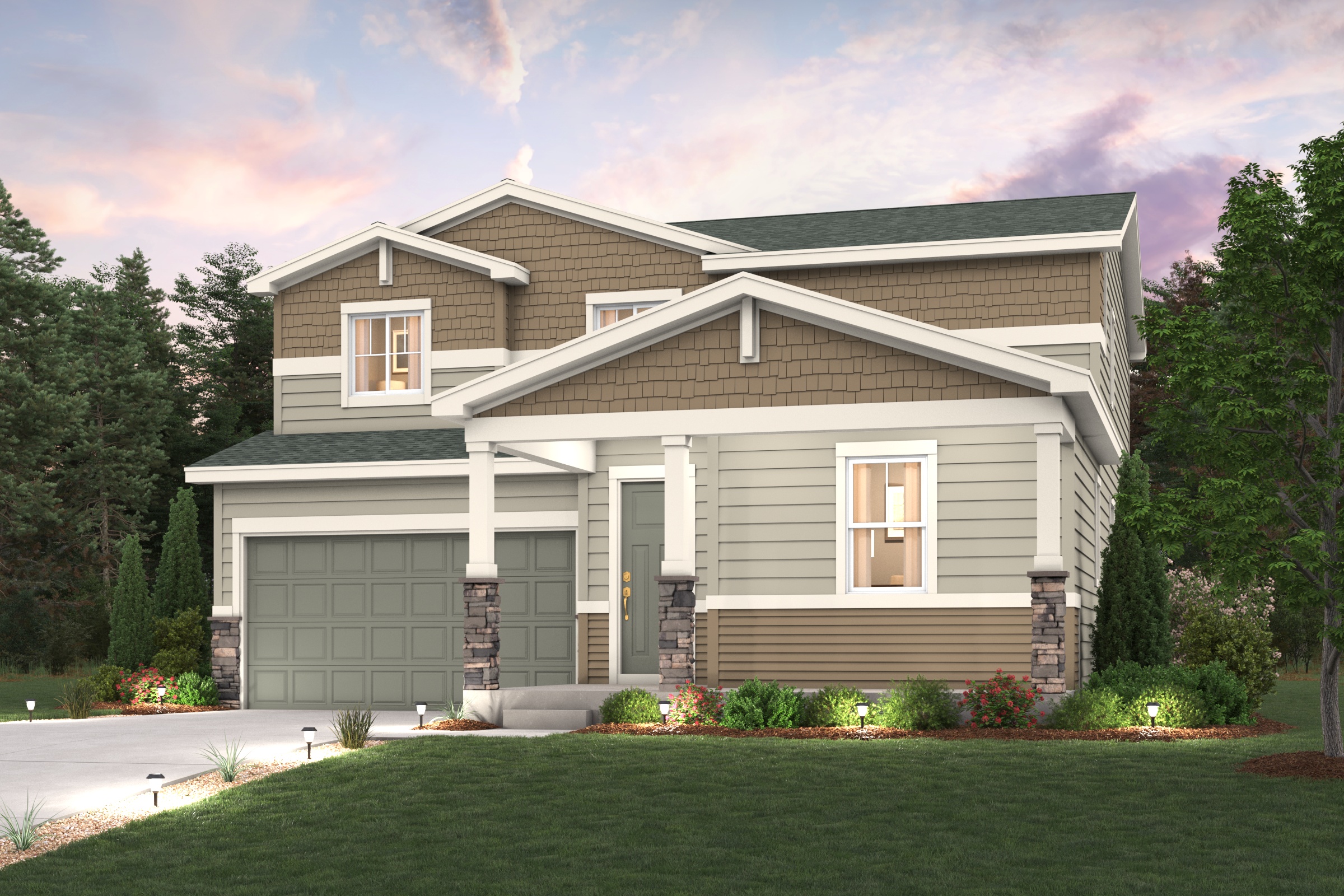 Marion Elevation B rendering image with home illustration with landscaping and driveway