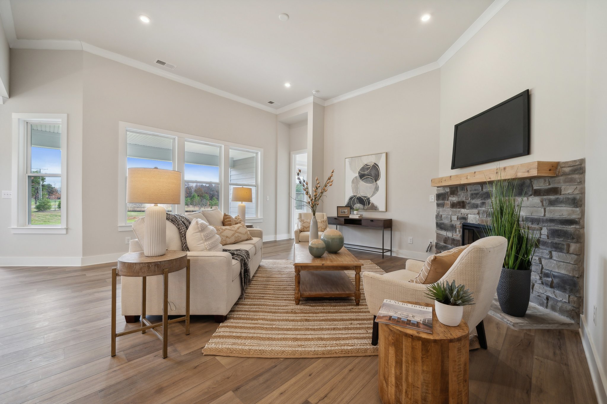 A living room with a fireplace.
