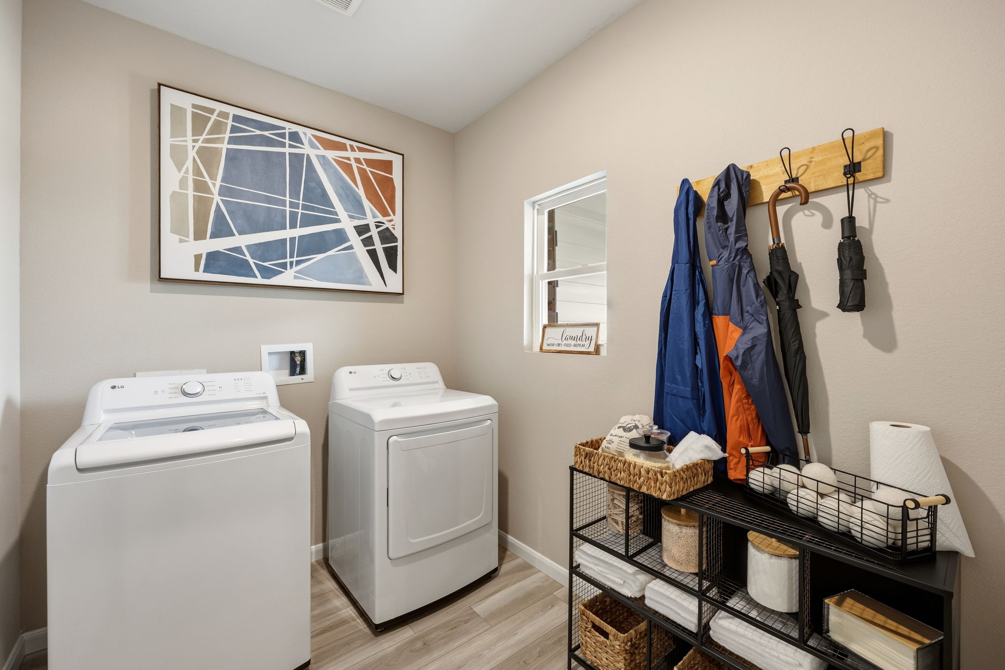 A laundry room with clothes.
