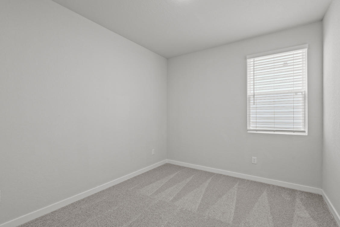 A room with a window and a rug.