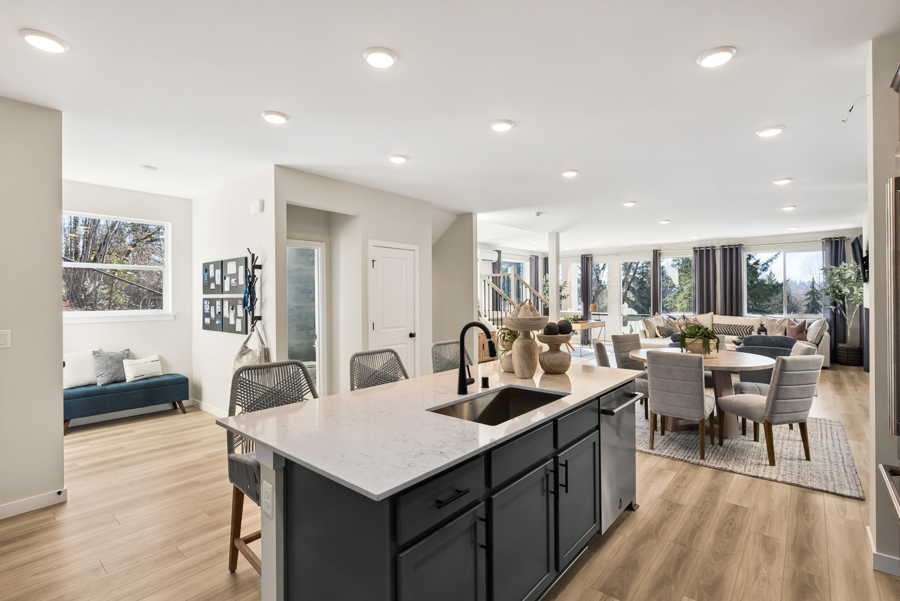 A kitchen with a large island.