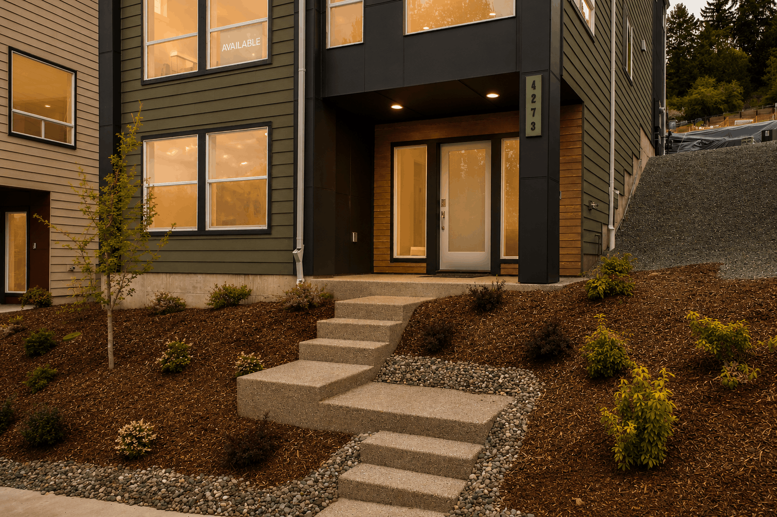 A building with a stone walkway.