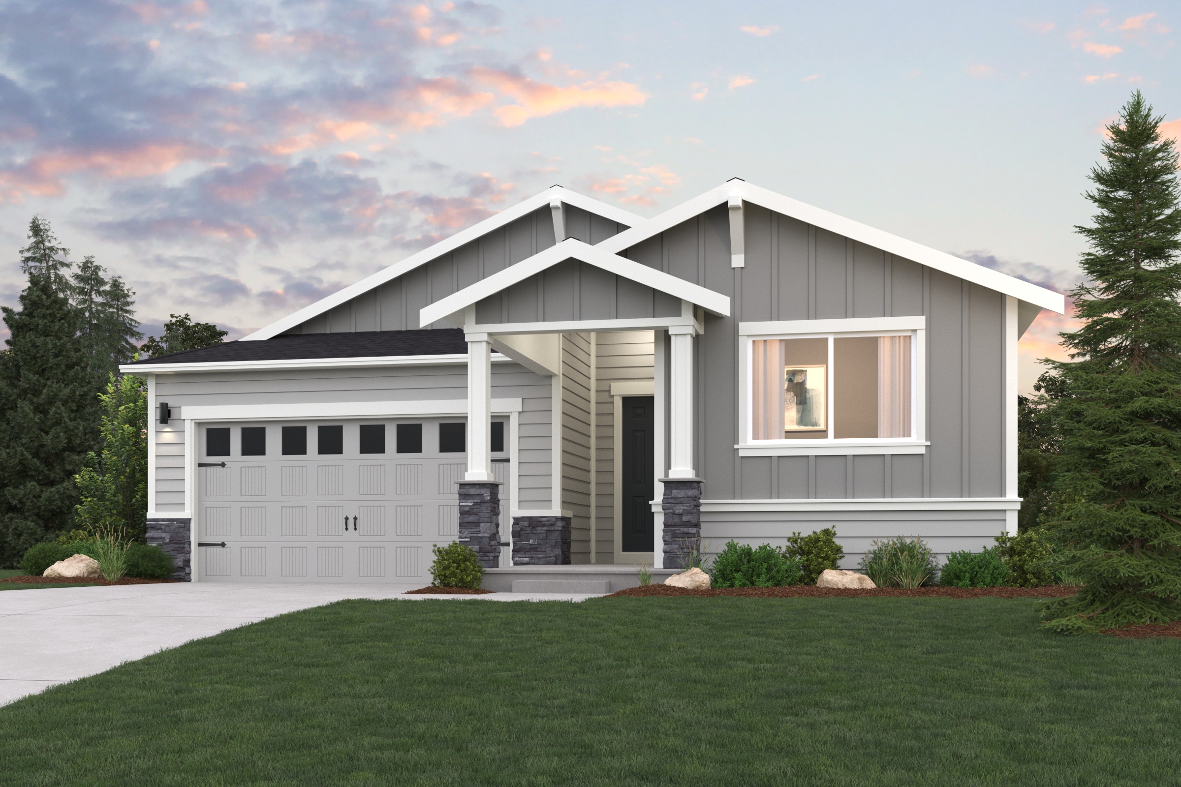 A house with a lawn in front.