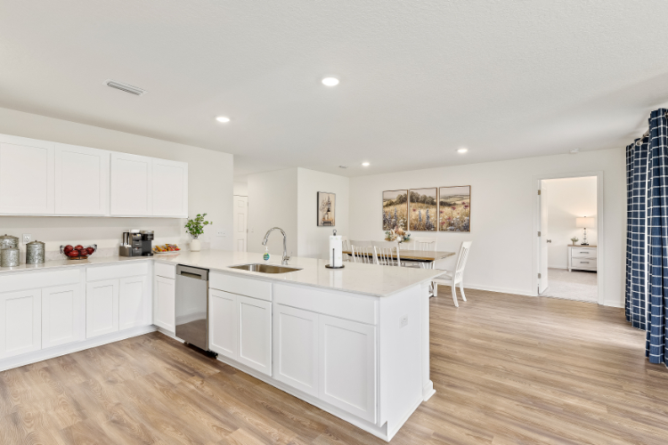 A kitchen with white cabinets.