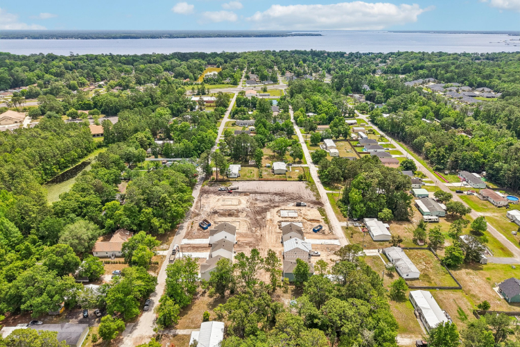 An aerial view of a town.