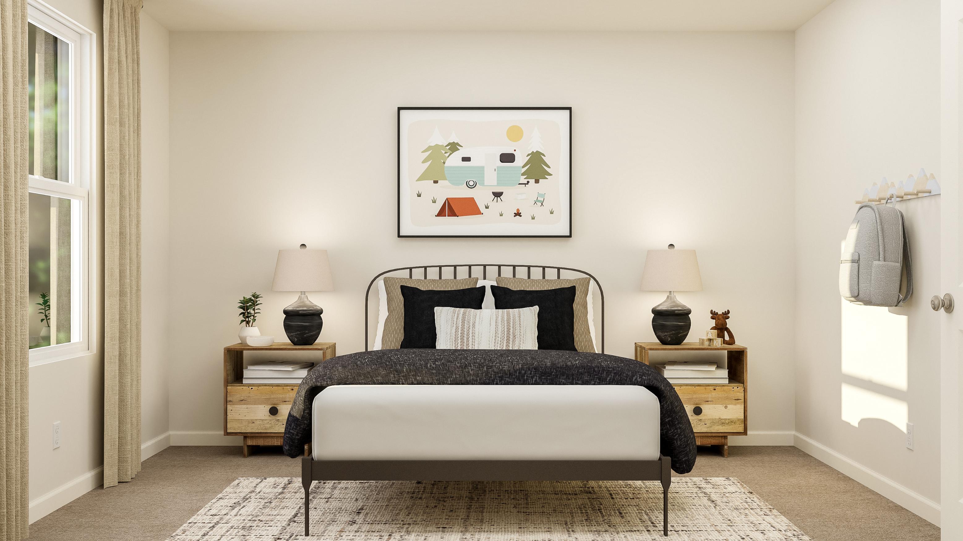 A bedroom with a bed and lamps.