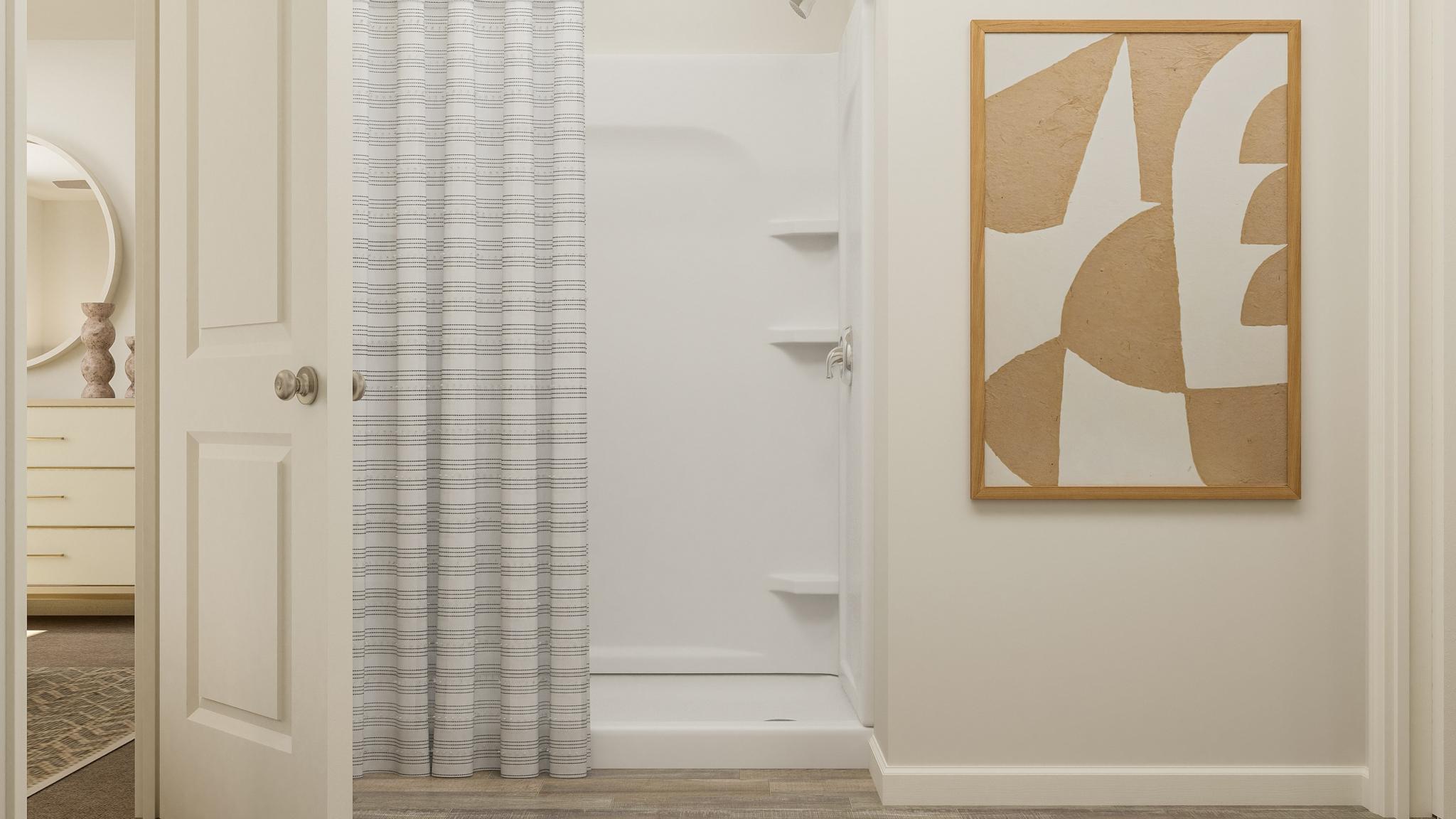 A bathroom with a shower curtain.