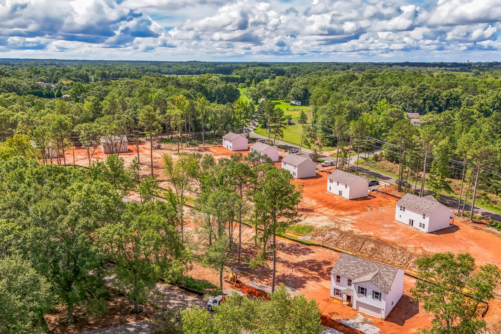 A group of houses surrounded by trees.